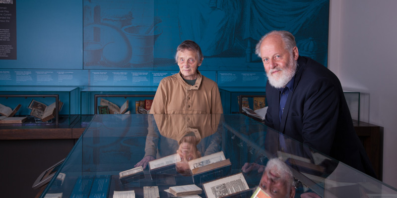 Dr Eileen White and Peter Brears, co-curators of the new Cooks and Their Books exhibition in the Treasures of the Brotherton Gallery at the University of Leeds