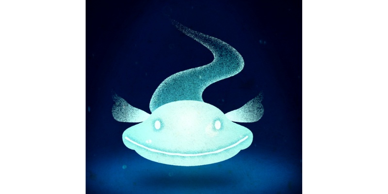 Illustrated image of a light blue fish swimming against a dark blue background
