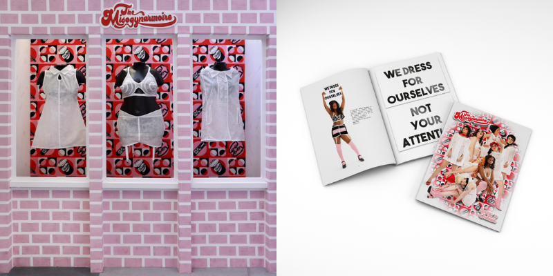 Two images of Liv Hedges’ art installation. On the left, the shop window of ‘The Misogynarmoire’ displays underwear on mannequins behind the pink brick walls. On the right, part of the Misogynarmoire catalogue is shown, with bold writing that says ‘We dress for ourselves, not your attention’.