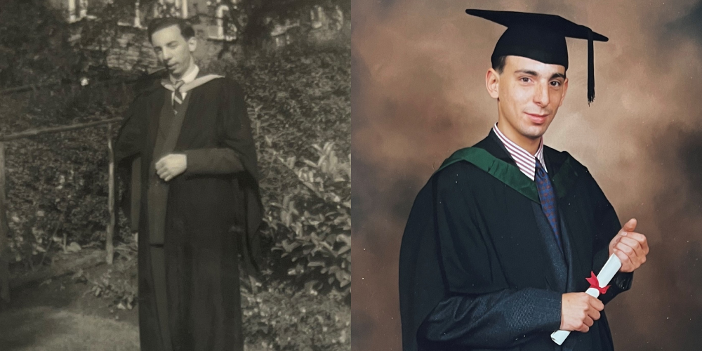 Side-by-side images of David and Matthew Walsh posing in graduation gowns on their respective graduation days