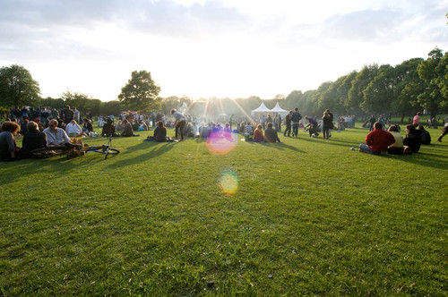 Hyde Park in summer. A picture of a large grassy field with people in groups enjoying the sunshine and playing games.