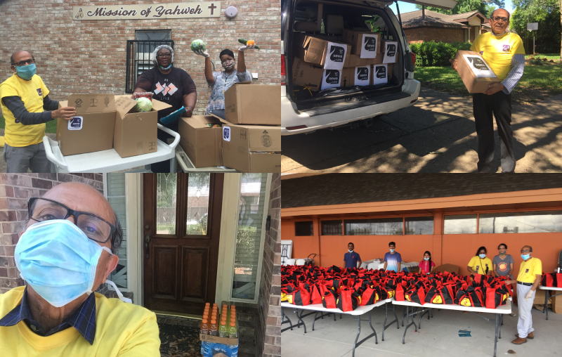 Four images of Madan Luthra wearing a face mask volunteering for Sewa International delivering boxes and bags of supplies to vulnerable people.