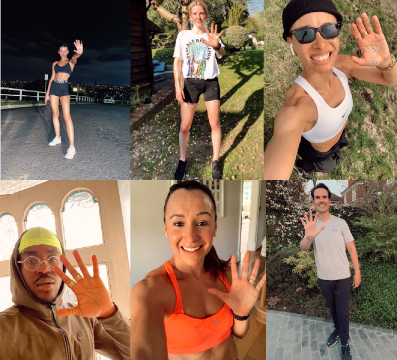 Various celebrities including Jessica Ennis-Hill and Ellie Goulding holding up a hand to represent the number 5 to support the 5K May initiative.
