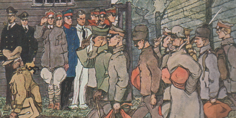 A sketch by German POWs showing new prisoners arriving at the Skipton camp