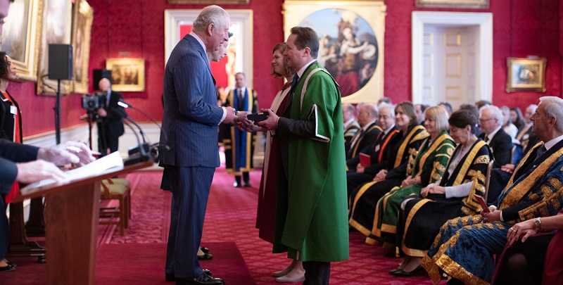Prince Charles and Princess Anne present Professor Nick Plant and Dr Amanda Maycock with the Queen&#039;s Anniversary Prize