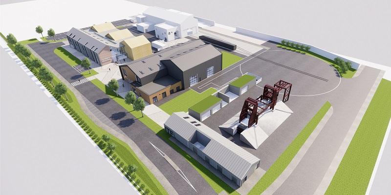 The image shows a large greenfield site with various laboratories and workshops. It is an articst's impression of what the Institute for High Speed Rail and System Integration could look like.
