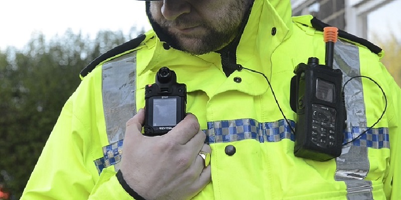 Picture is a close up of a body-worn camera