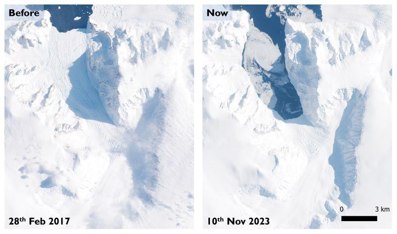 A picture from a satellite shows the end of a glacier as it enters the sea. The image on the left was taken in February 2017. There is an image taken from the same spot six years later. It shows the end of the glacier, with much of the ice shelf gone.