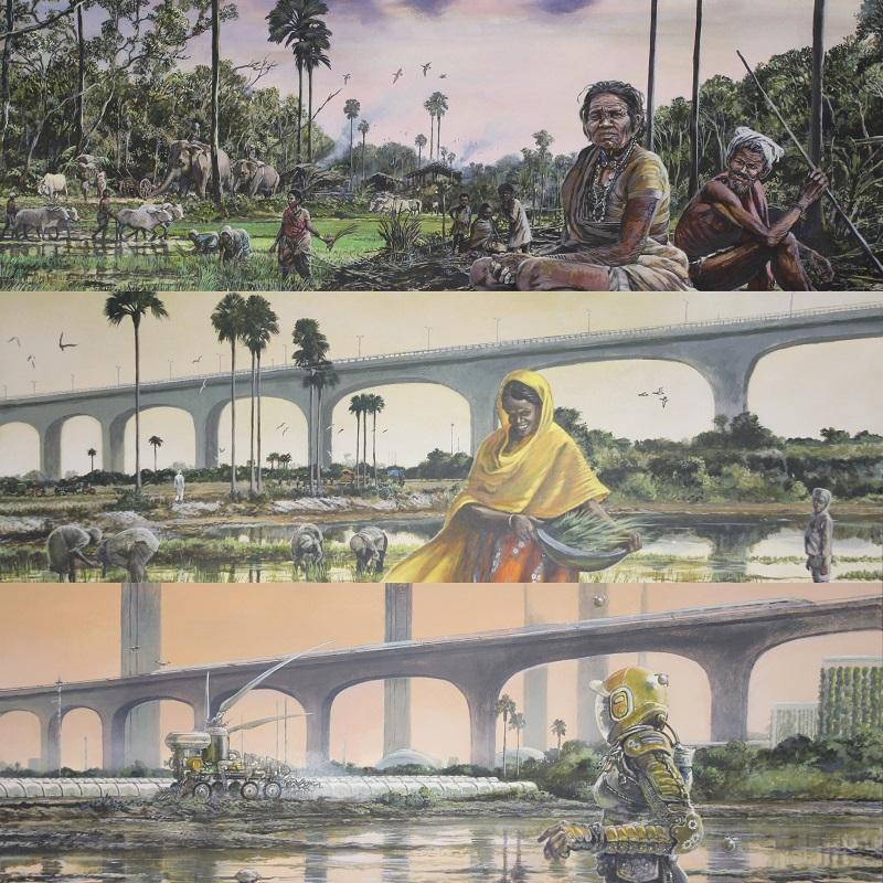 The top image is a busy agrarian village scene of rice planting, livestock use and social life. The second is a present-day scene showing the mix of traditional rice farming and modern infrastructure present in many areas of the Global South. The bottom image shows a future of heat-adaptive technologies including robotic agriculture and green buildings with minimal human presence due to the need for personal protective equipment. 