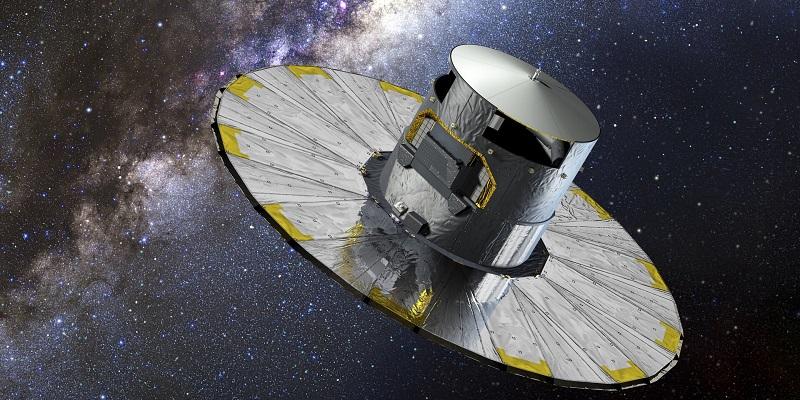 The image shows an artist's impression of the Gaia space telescope in orbit.