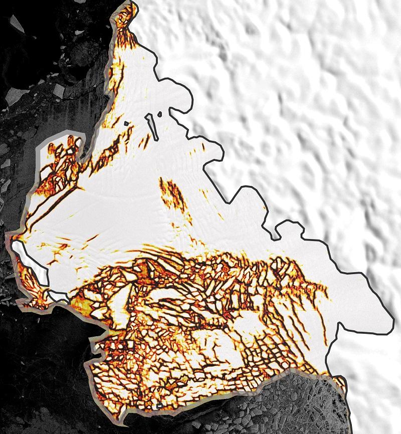 Map of the crevasses or fractures in the Thwaites Glacier ice shelves