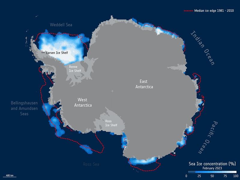Graphic showing loss of ice from around Antarctica. The continent of Antarctica is in grey and dotted red lines encircle areas around the coast indicating where – on average – the edge of the sea ice was during 1981 – 2010.