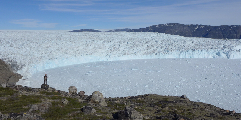 Scientist near the front of Shore Glacier.