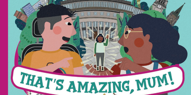 'That's Amazing Mum' book cover. A dad in a wheelchair looks at his wife as their daughter stands behind them.