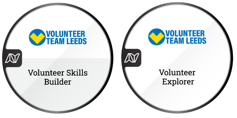 The round badges for Volunteer Skills Builder and Volunteer Explorer, text in circle.