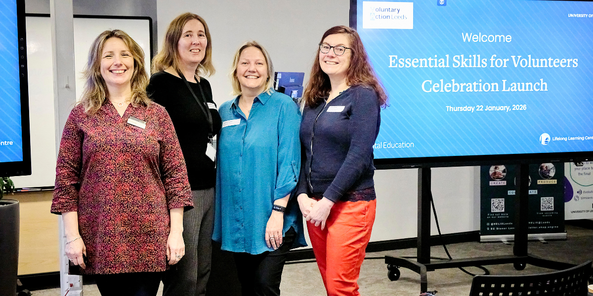 Four people stood smiling at the camera. Olivia Garvey, University of Leeds; Myfanwy Howarth, University of Leeds; Andrina Dawson, Voluntary Action Leeds; Clare Coleman, University of Leeds.