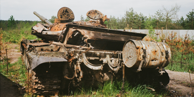 A damaged tank in Bucha, Kyiv Oblast, Ukraine