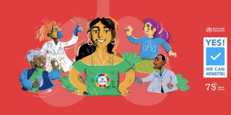 The World Health Organisation's banner for World TB Day 2023, featuring cartoon drawings of doctors and scientists and the slogan Yes! We can #EndTB!'