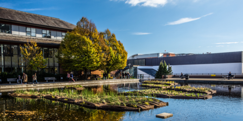 The large pond in front of the Roger Stevens building on the University of Leeds campus.