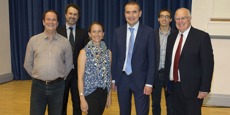 From left, Professor Graham Huggan, Dr Roger Norum, Céline Cousteau, President Guðni Th. Jóhannesson, Dr George Holmes (School of Earth and Environment) and Vice-Chancellor Sir Alan Langlands
