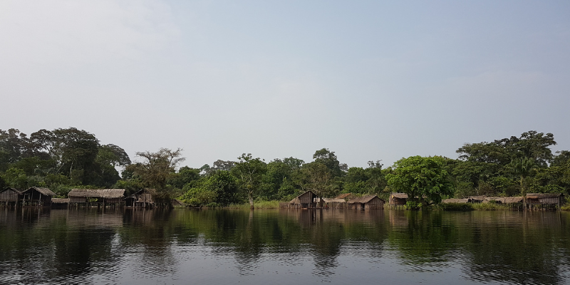 Stilted houses in a fishing camp along the Ikelemba River in DRC, which has overflown its banks at the end of the wet season.