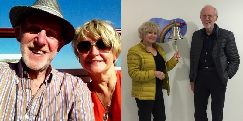Trevor and Judy on holiday, and Judy ringing the end of treatment bell in hospital standing next to Trevor
