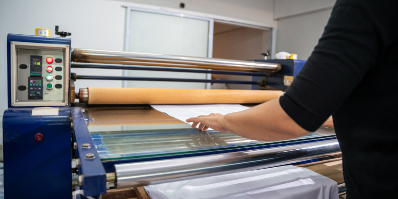 A person pushing fabric through an industrial textile machine in a factory.