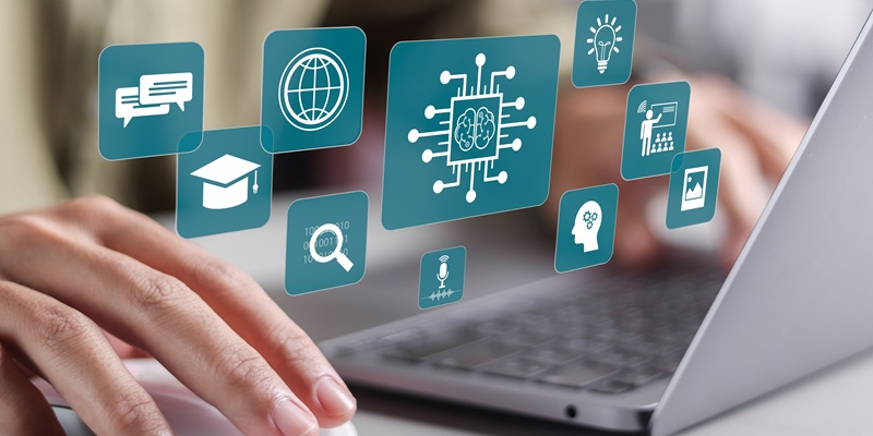 A close up of hands working on a laptop, with various graphics overlaid, depicting messaging, ideas, connectivity