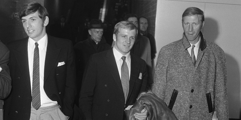 England football squad members Martin Peters, Francis Lee and Jack Charlton arriving at Schipol airport to play against the Dutch national team on 5 November, 1969.