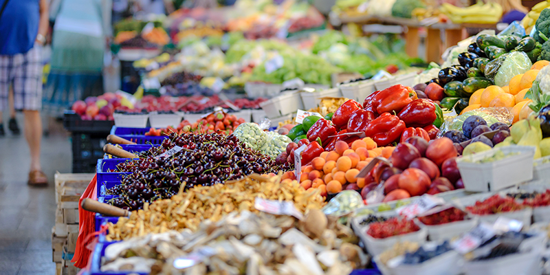 Assortment of fruit and vegetables on a market stall
