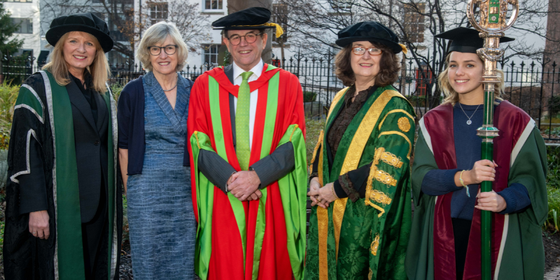 left to right - Jennifer Sewel (University Secretary), Mrs Susanne Gair, Dr Roger Gair, Professor Simone Buitendijk (Vice-Chancellor), Bethan Corner (Mace Bearer).