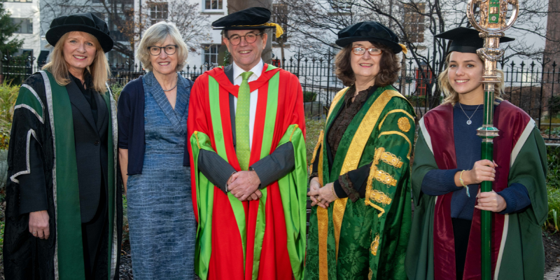 left to right - Jennifer Sewel (University Secretary), Mrs Susanne Gair, Dr Roger Gair, Professor Simone Buitendijk (Vice-Chancellor), Bethan Corner (Mace Bearer).   