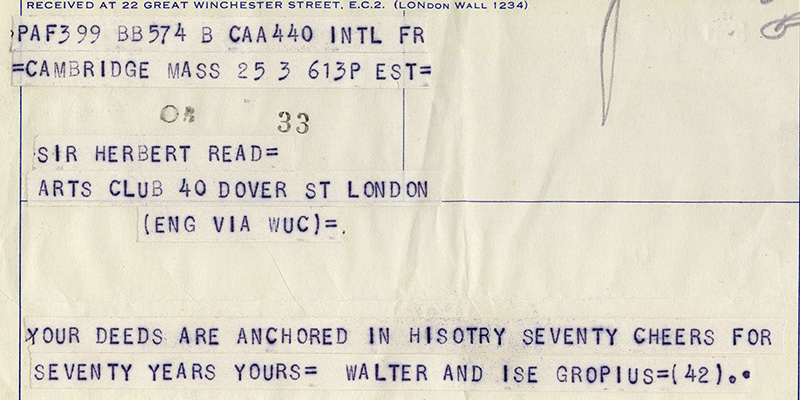Birthday greeting telegram from Walter Gropius to Herbert Read