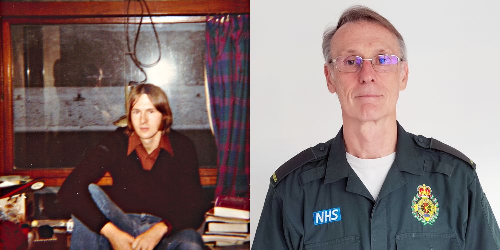 On the left, Peter Watters sits on his bed in Leeds accommodation as a student, and on the right, he stands in his paramedic uniform