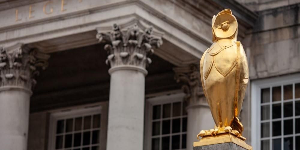 Gold owl statue stands in front of historic Leeds building