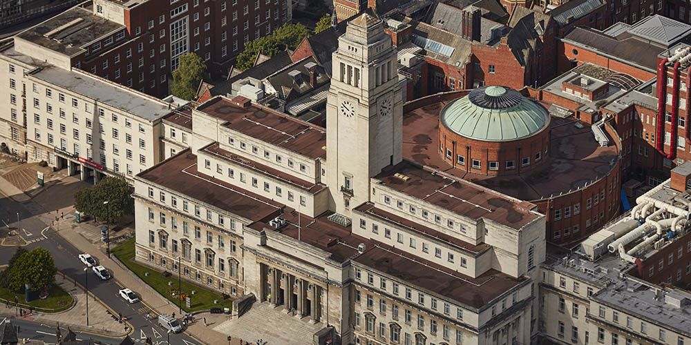 An aerial shot of campus featuring the Parkinson building