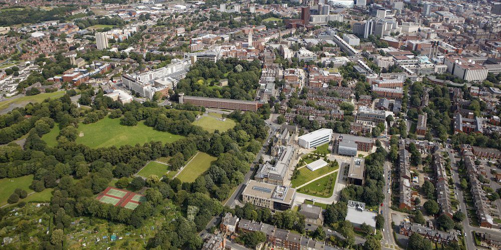 An aerial shot of the University of Leeds campus
