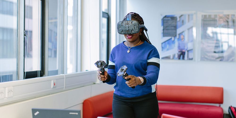 Woman using virtual reality headset