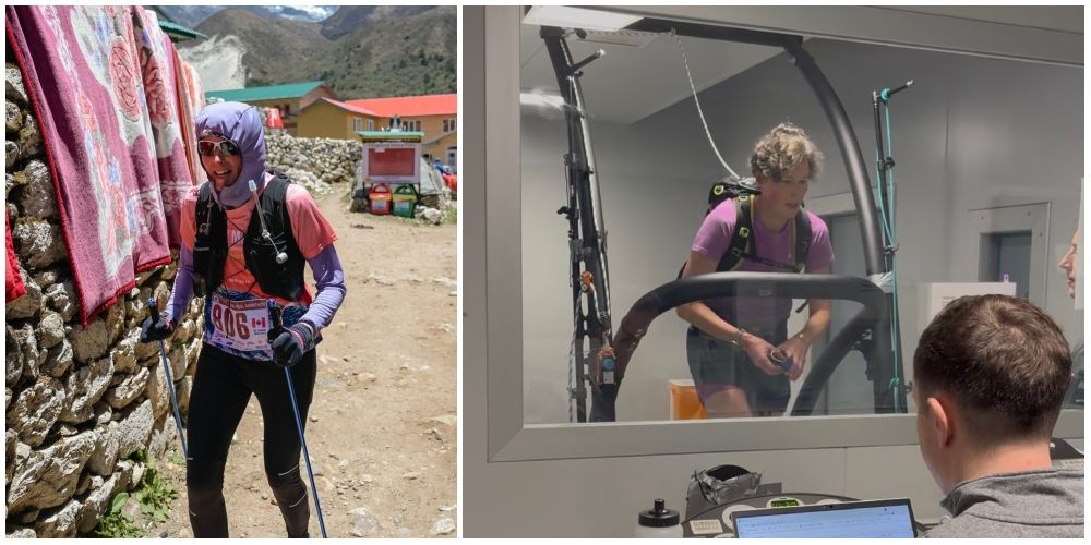 A split image. On the left, a runner wearing sunglasses, a hood, and race bib uses trekking poles ,with snow capped peaks in the background. On the right, the woman is indoors on a treadmill, wearing a backpack.