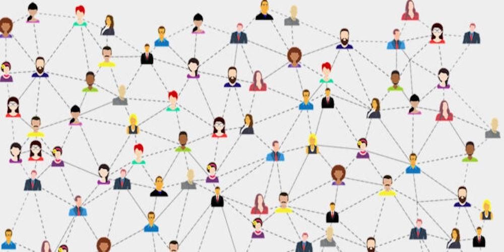 Many diverse avatars spread across a grey background connected by different types of dark grey dotted lines to represent a network