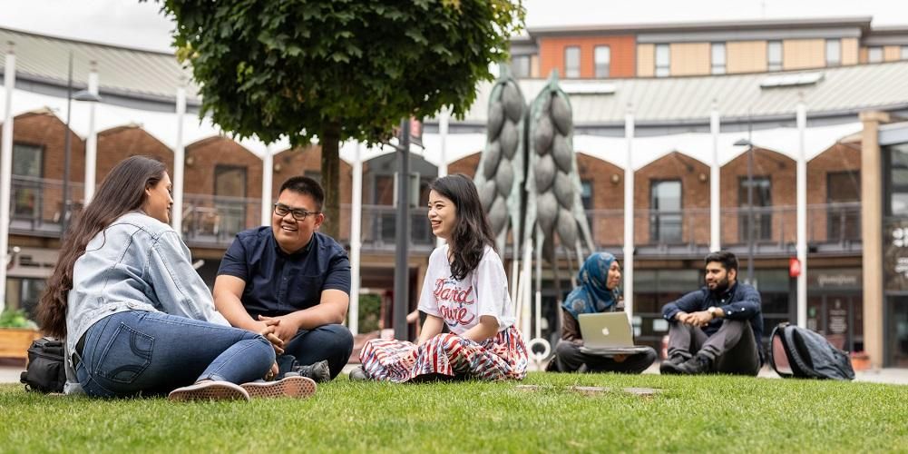 A group of students sat on some grass at Leeds Dock.