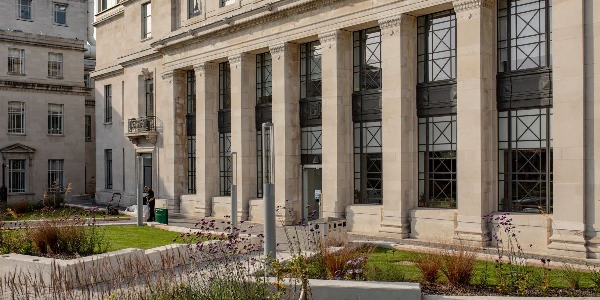 Exterior view of the Sir William Henry Bragg Building, on a diagonal.