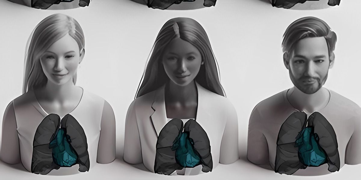 Three mannequins lined up, only their upper bodies showing, with a graphic of a heart and lung system overlaid onto each one.