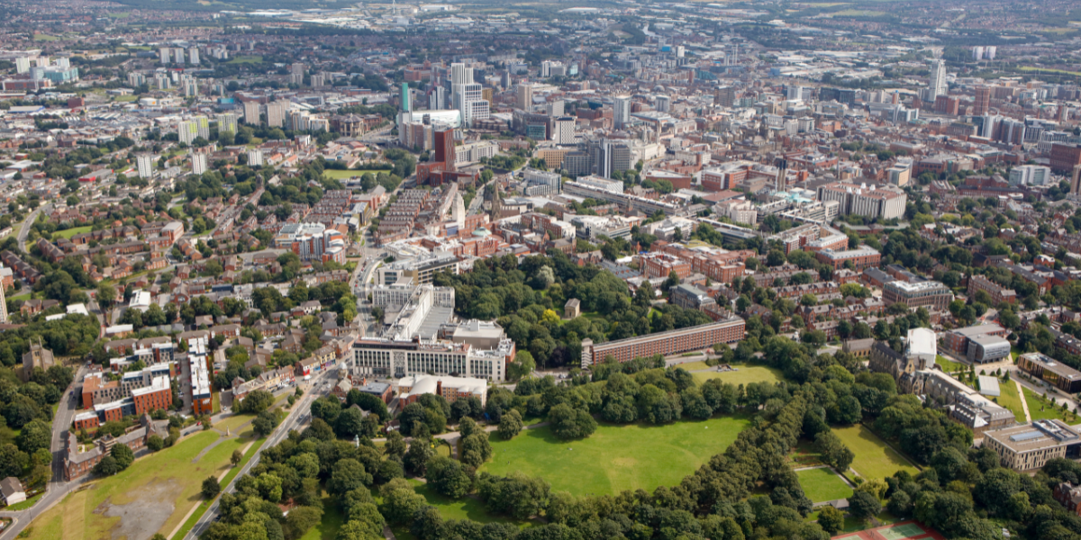 An aerial view of the University of Leeds campus