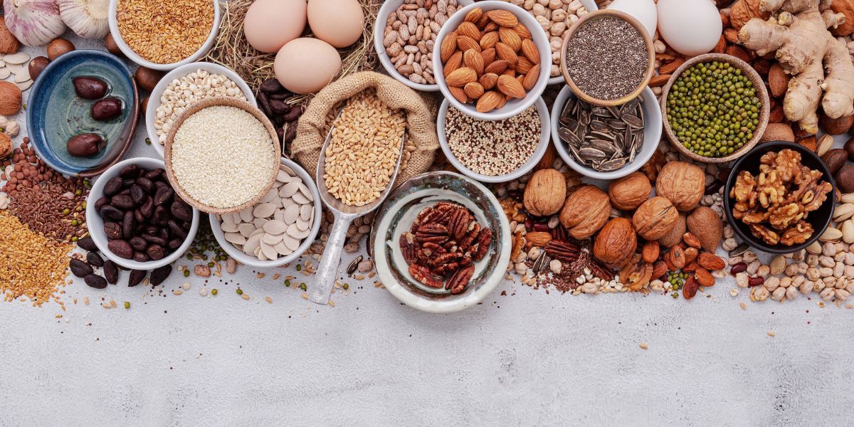 Bowls of nuts, grains and seeds