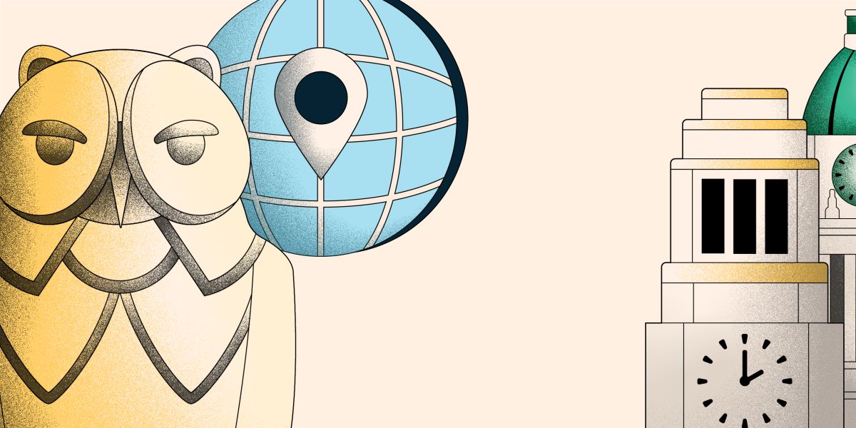 An illustration representing how the University of Leeds works with regional partners. Featured is a golden owl, a globe with a location marker on it, the Parkinson clock tower and part of the Leeds town hall clock tower.