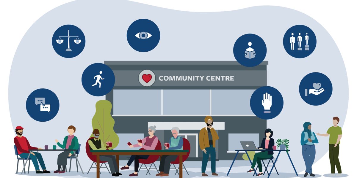 An illustration of several groups of people sat outside a community centre. Some are chatting, others playing cards, and a person is shown working on a laptop.