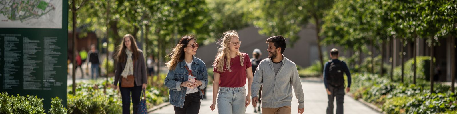 Three students walking along a tree-lined path on campus, smiling.