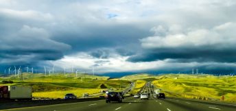 Wind turbines along highway
