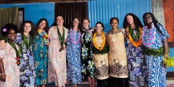 A group of women before the meke (a traditional dance) in Fiji.